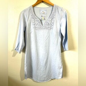 Melvin I Heart Linen Blue Dress Crochet Trim V Neck 3/4 Sleeve Womens Small Boho